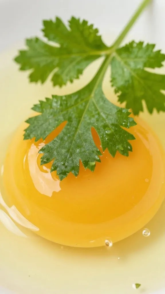 fresh cilantro sprig atop egg yolk, extreme closeup