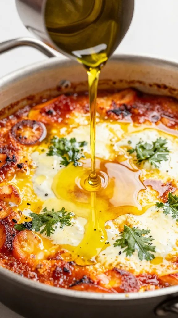 drizzle of olive oil over shakshuka, mid-pour freeze
