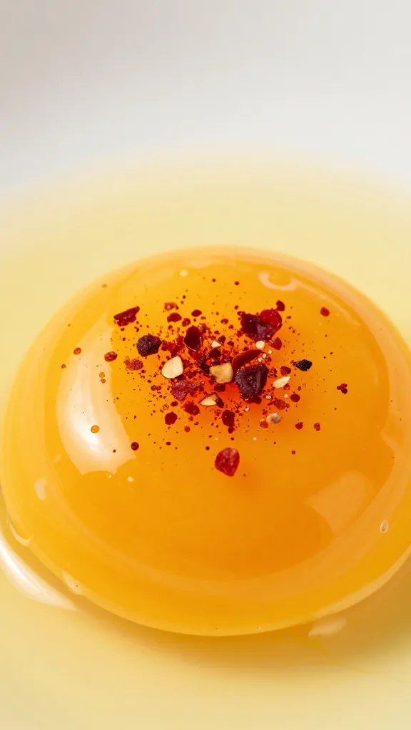 red chili flake dusting on egg yolk, macro shot