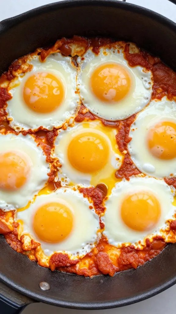 sheet pan shakshuka with eight eggs, overhead closeup