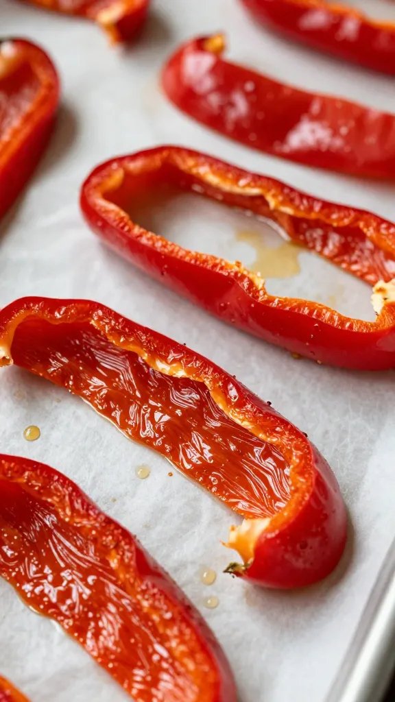 roasted red pepper ribbons on sheet pan, macro shot
