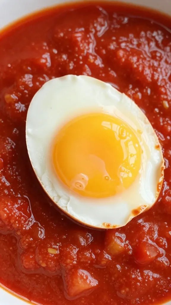 jammy egg nestled in tomato sauce, extreme closeup