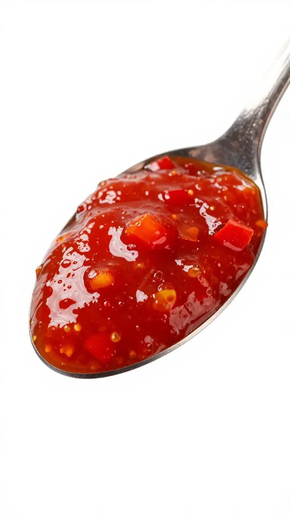 spoonful of spicy tomato-pepper sauce, isolated closeup