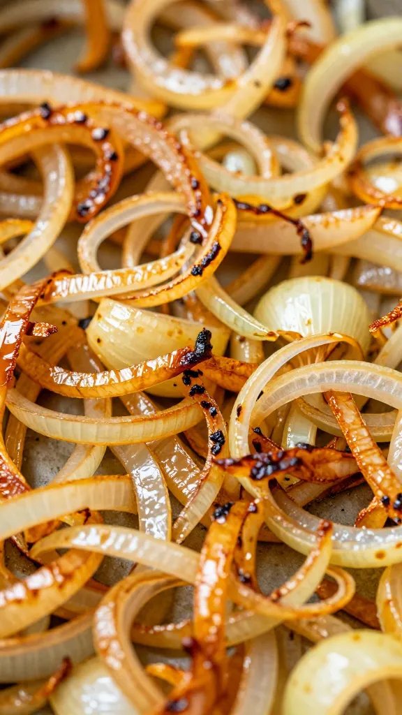 sheet pan onions caramelized edges, macro texture