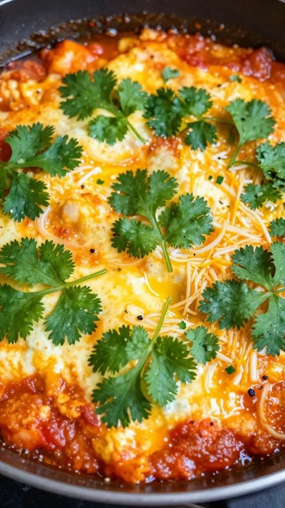 torn cilantro leaves on shakshuka surface, tight focus