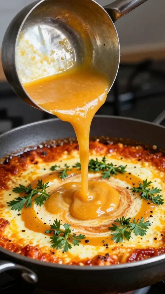 ladle pouring shakshuka sauce onto pan, closeup action