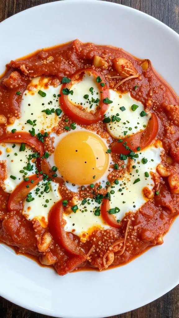 single portion shakshuka on white plate, overhead closeup