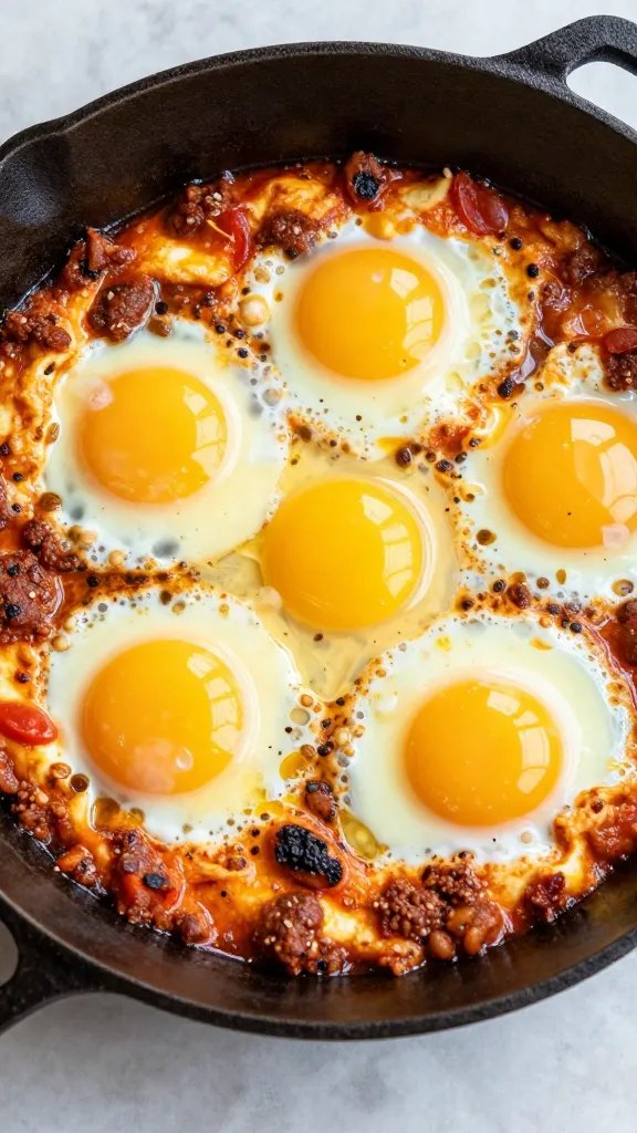 cast-iron skillet chorizo shakshuka, yolks just set
