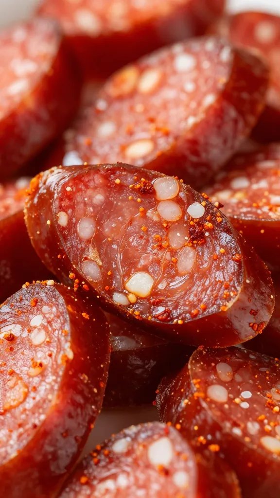 closeup of sliced Spanish chorizo half-moons, paprika-dusted