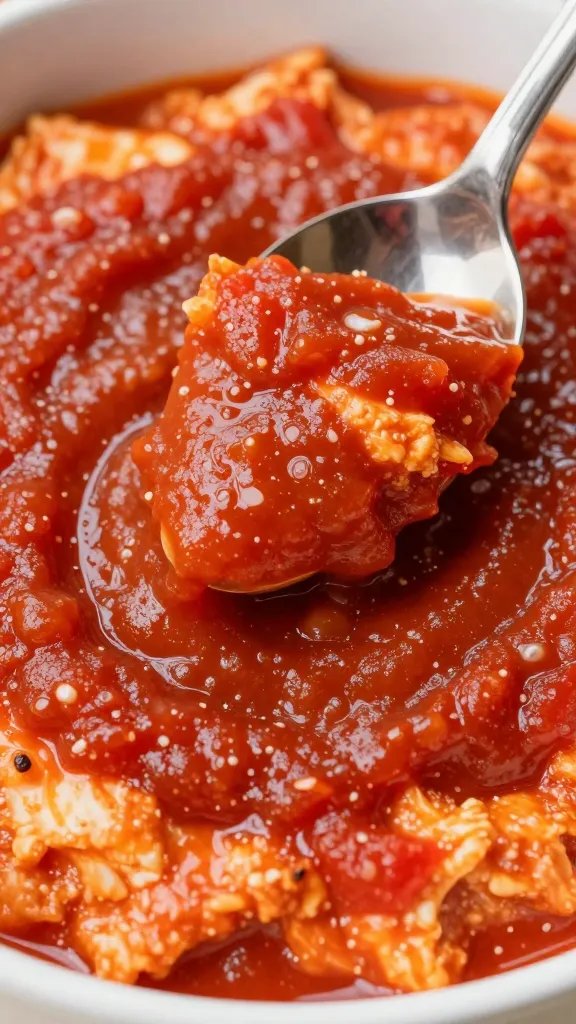spoonful of thick tomato-shakshuka sauce, glossy