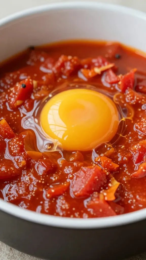 runny egg yolk nestled in tomato-chorizo sauce