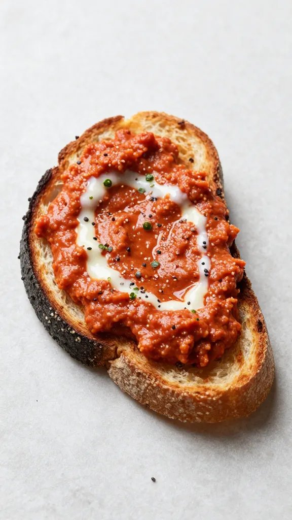 toasted rustic bread slice dipped in shakshuka