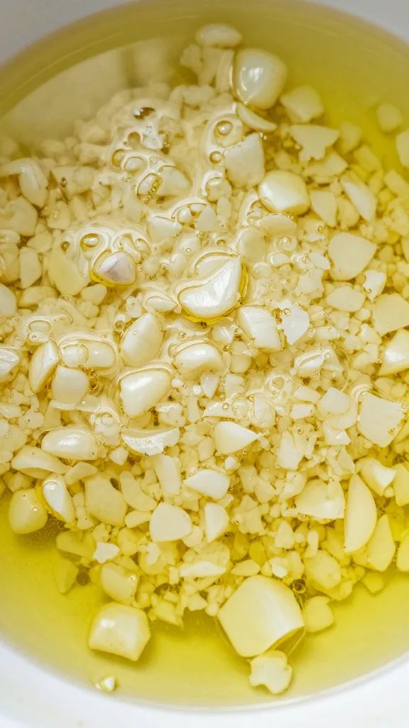 minced garlic sizzling in olive oil, macro