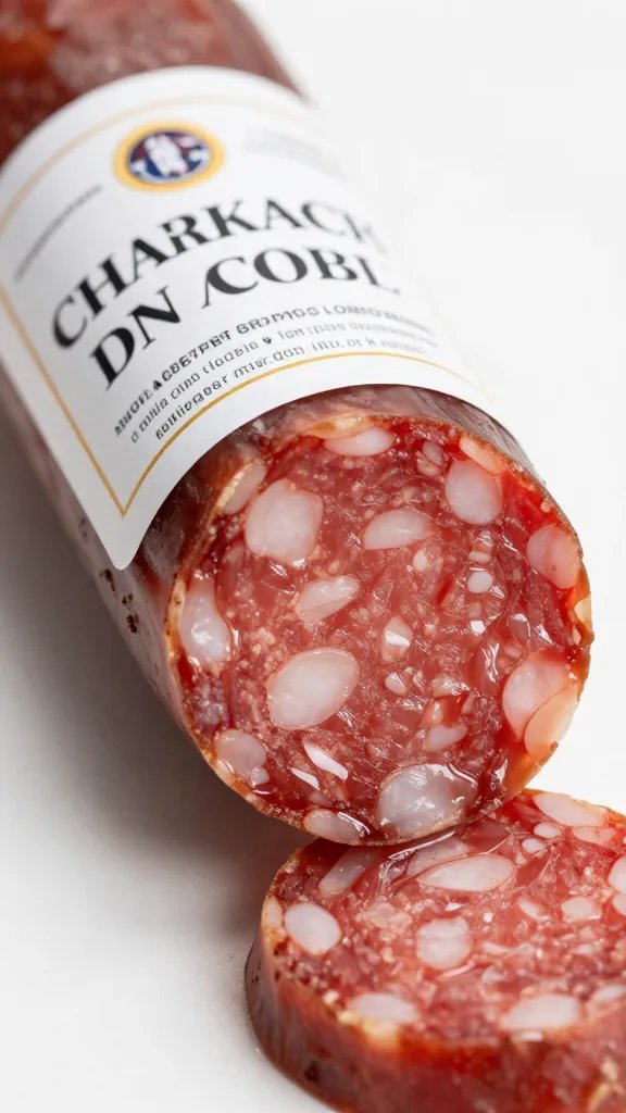closeup of cured Spanish chorizo label and slice