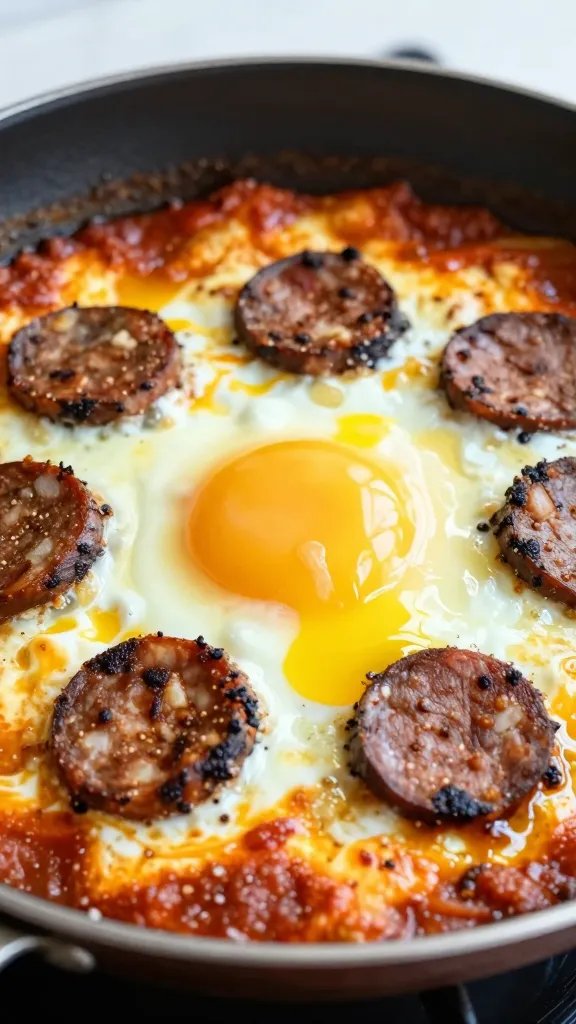 closeup skillet shakshuka with merguez and runny eggs