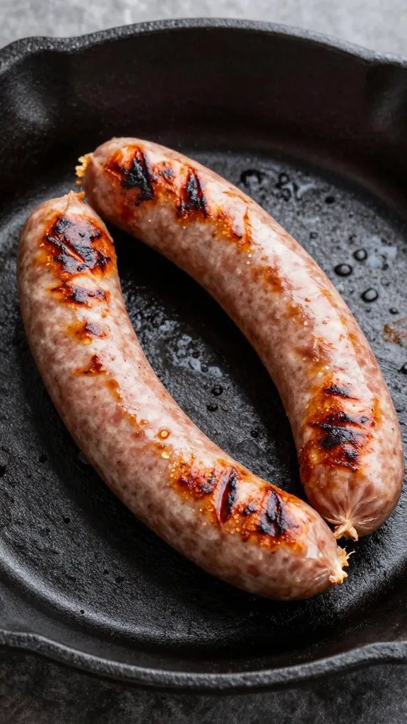 single grilled merguez sausage on cast-iron pan