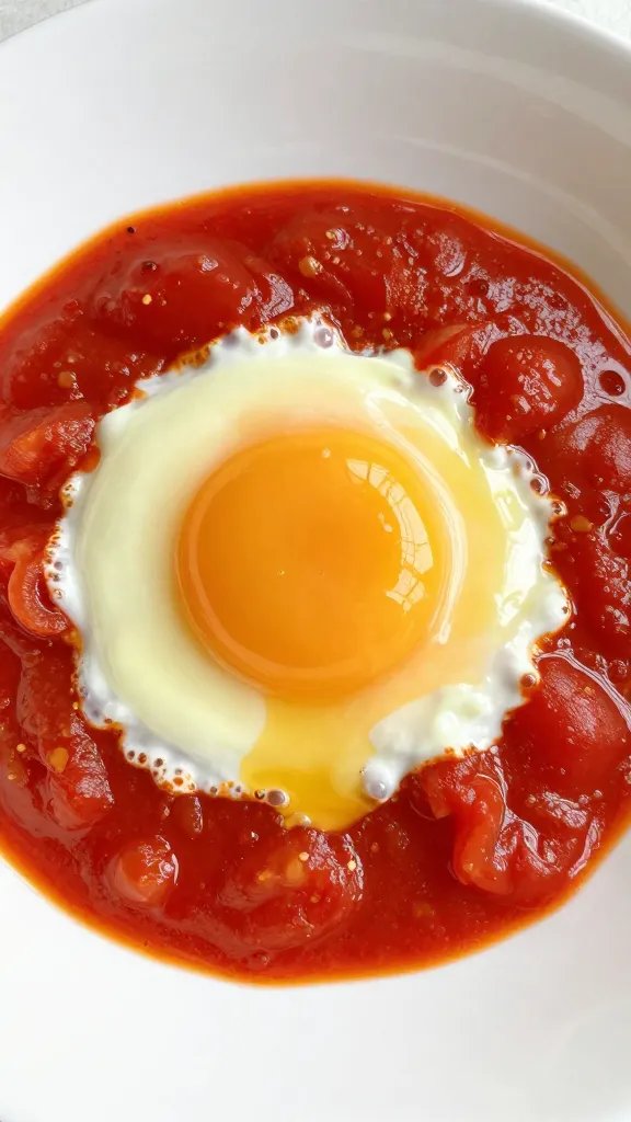 cracked egg poaching in spiced tomato base