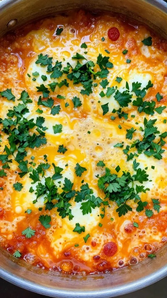 fresh parsley sprinkle over bubbling shakshuka surface