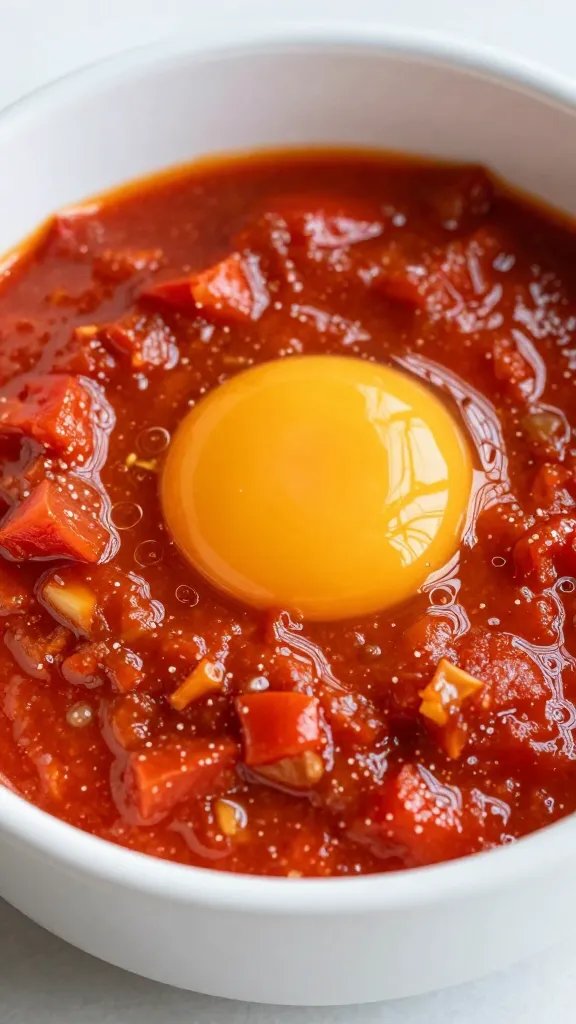 golden yolk resting in tomato-chile sauce