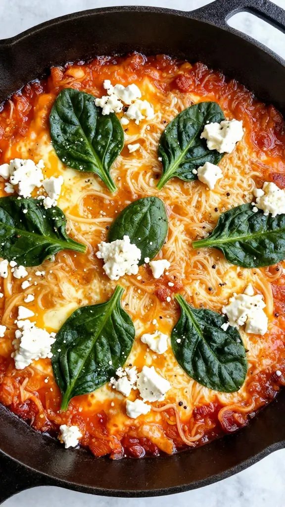 cast-iron skillet shakshuka with feta and spinach, overhead closeup