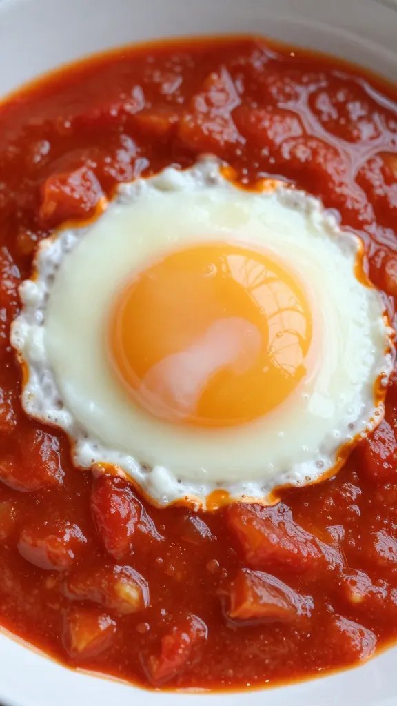 single poached egg nestled in tomato sauce, macro shot