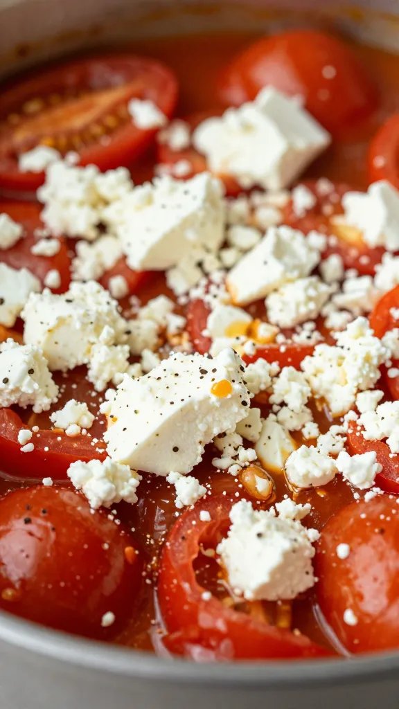 crumbled feta on simmering tomatoes, shallow depth of field