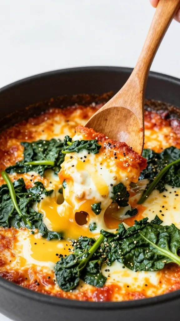 wooden spoon scooping spinach-studded shakshuka, tight crop