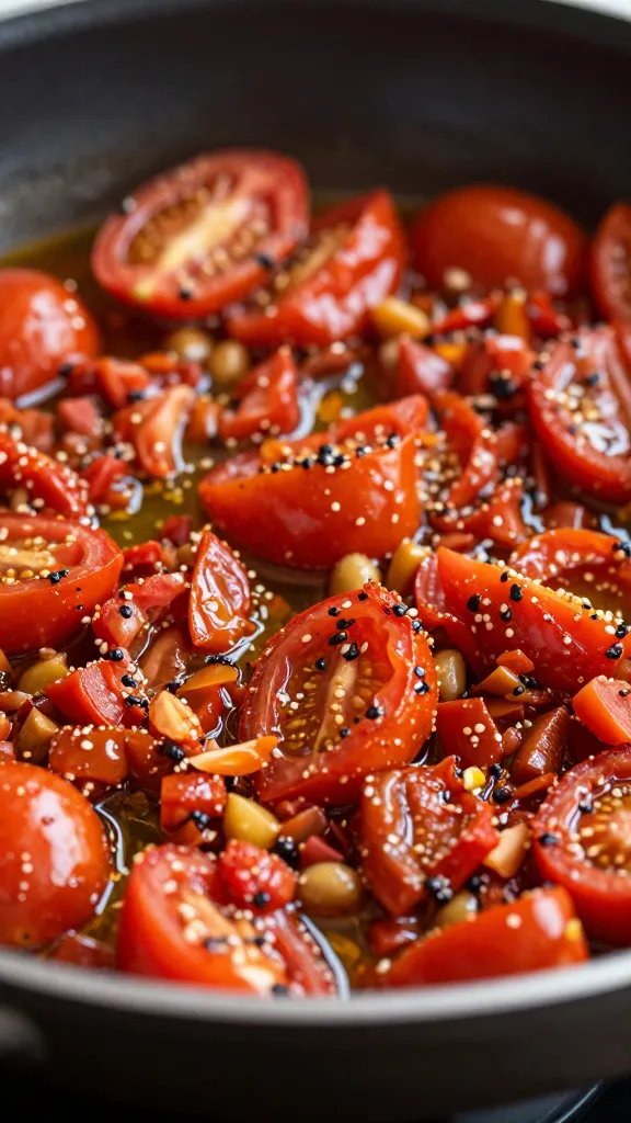 closeup of olive-oil-drizzled crushed tomatoes in pan