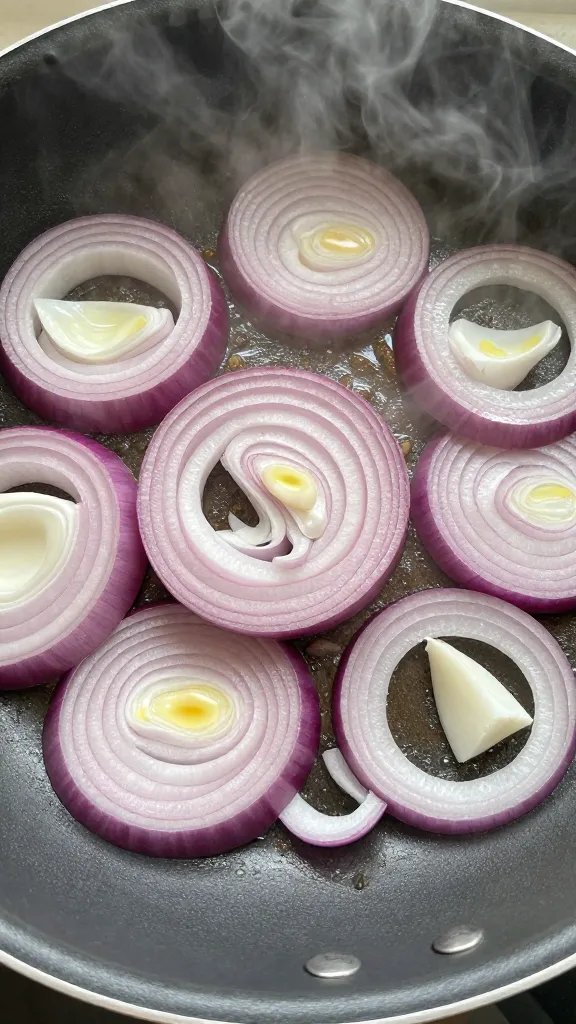 red onion slices sautéing with garlic in skillet, steam visible