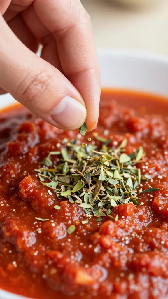pinch of dried oregano over tomato sauce, macro sprinkle