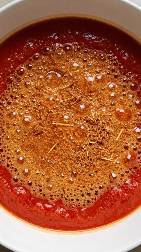 cinnamon-dusted tomato base bubbling, tight overhead