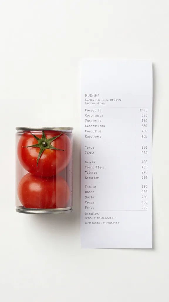 budget grocery receipt beside single canned tomatoes, minimal backdrop