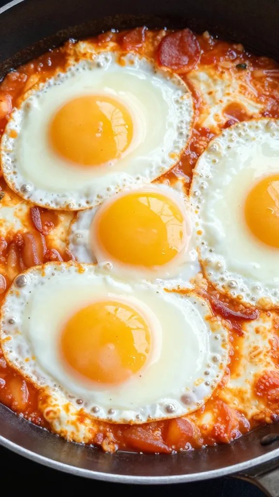 closeup skillet of white shakshuka with jammy eggs