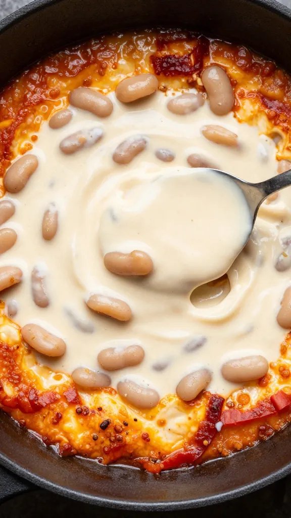 spoonful of creamy white bean shakshuka sauce