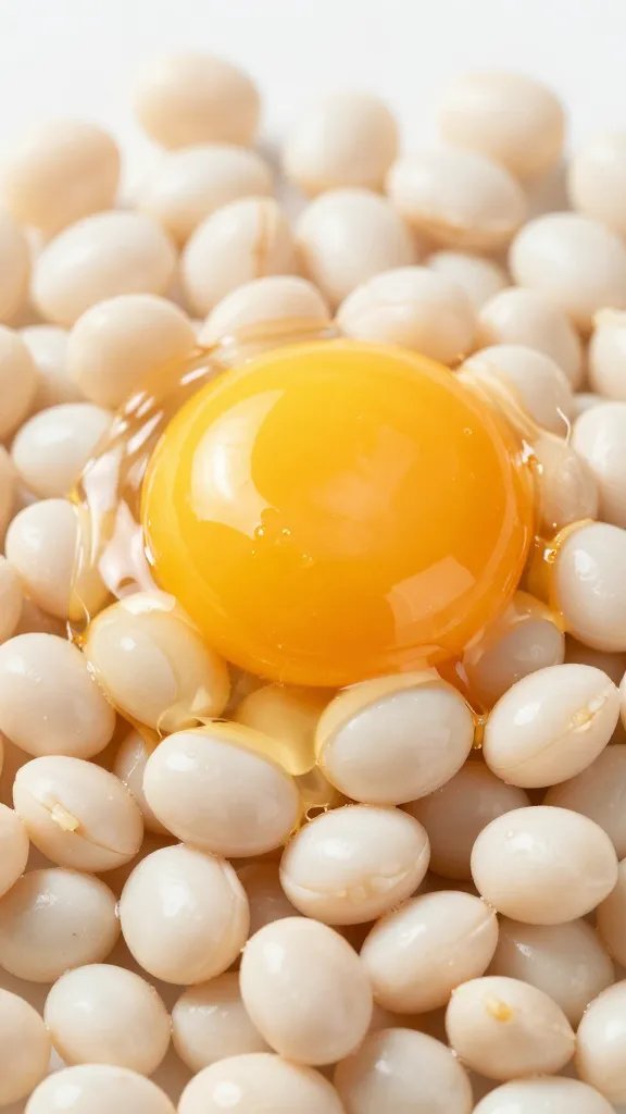 golden yolk bursting over white beans