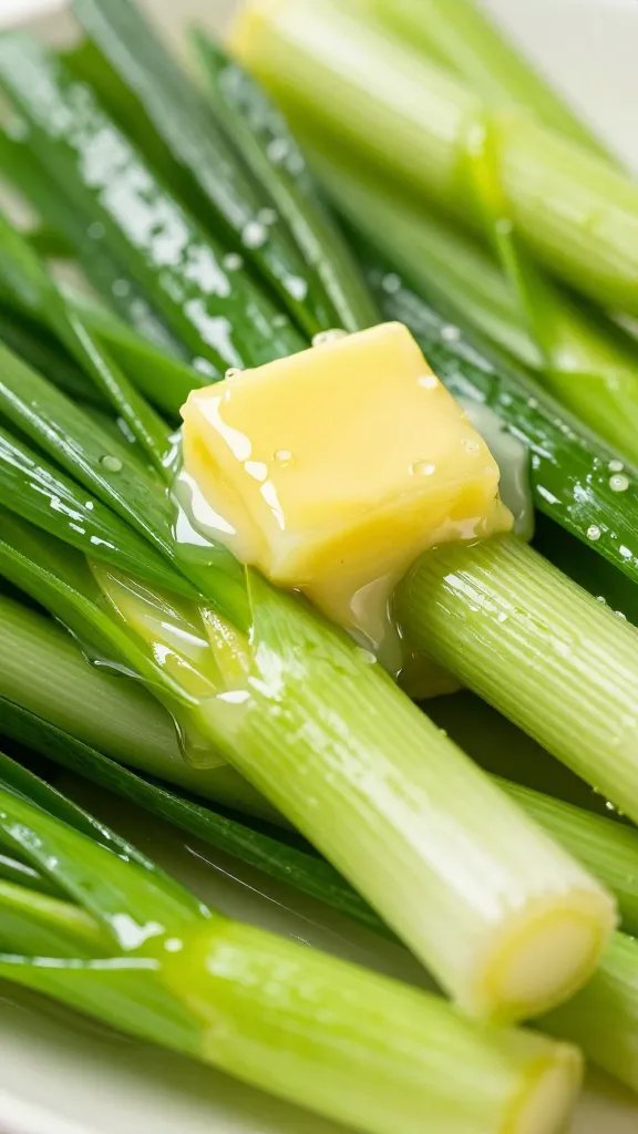 sautéed leeks glistening in butter, extreme closeup