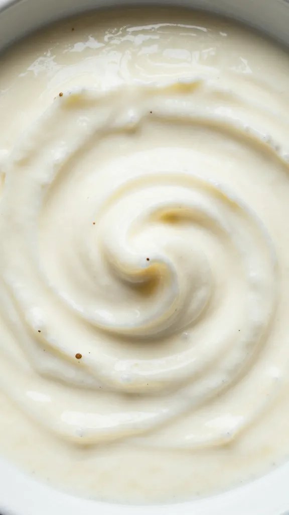 swirl of cream in garlic-herb sauce, top view