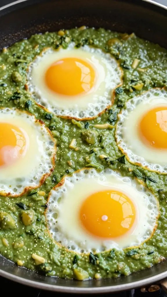 closeup skillet of green shakshuka with jammy eggs