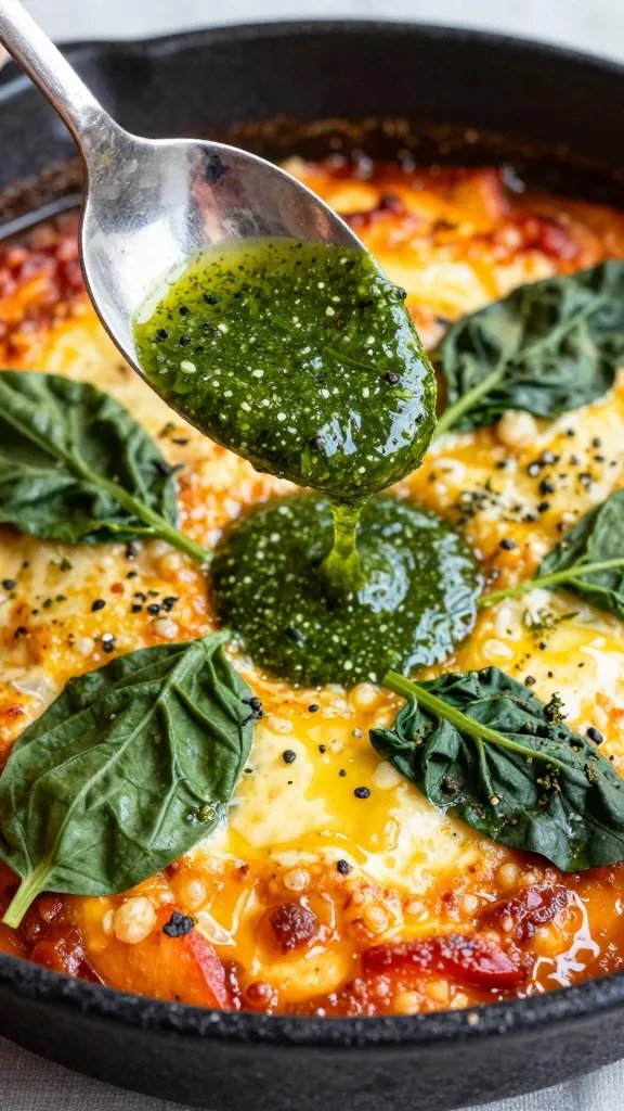spoonful of spinach shakshuka with herb sauce dripping
