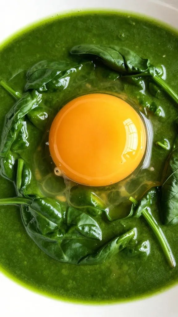 single egg yolk nestled in green spinach sauce