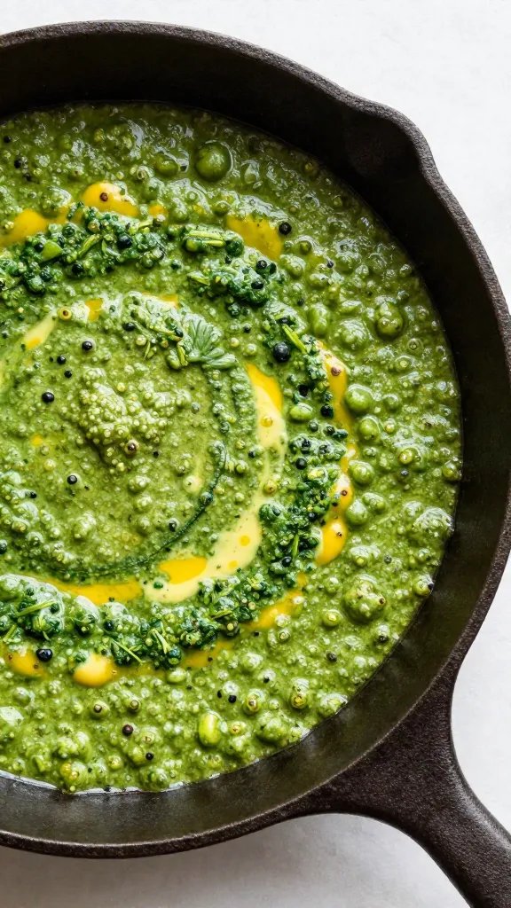 cast-iron skillet handle with vibrant green shakshuka