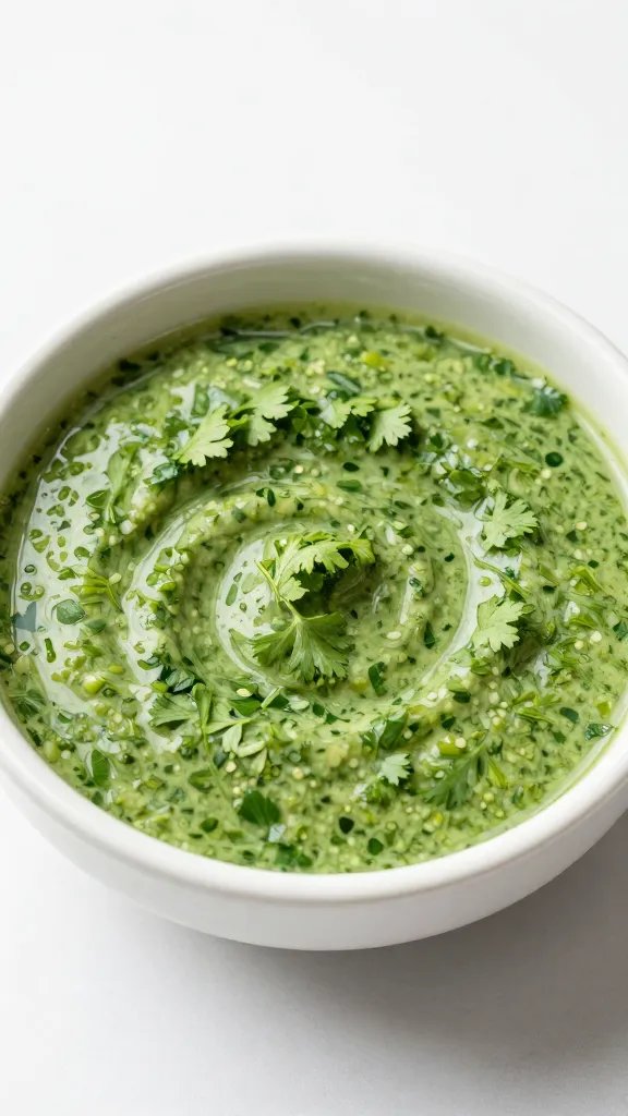 swirl of parsley-cilantro herb sauce in small bowl