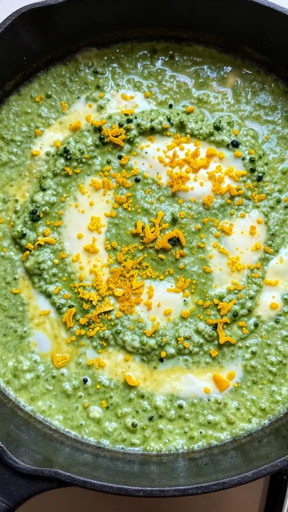 lemon zest sprinkled over glossy green shakshuka