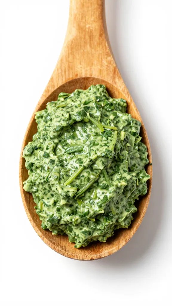 wooden spoon coated in creamy spinach-herb mixture