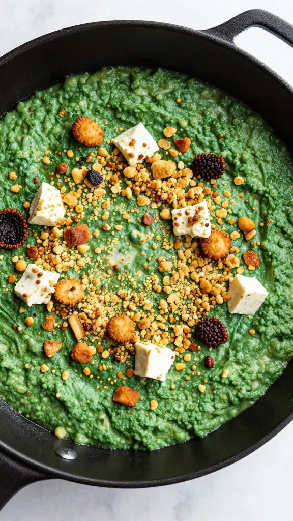 feta crumble atop emerald shakshuka in black skillet