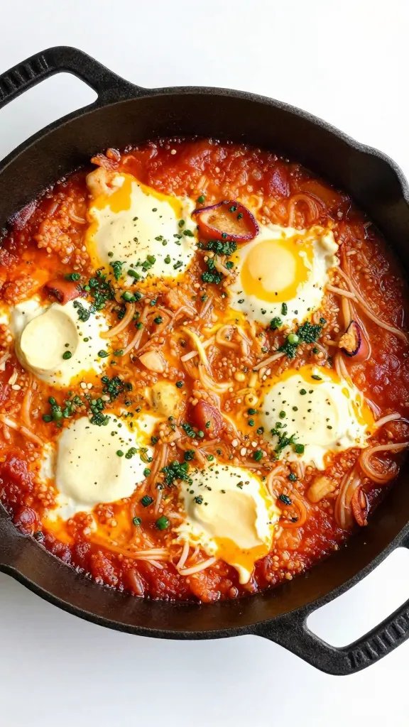 cast-iron skillet of classic red shakshuka, overhead