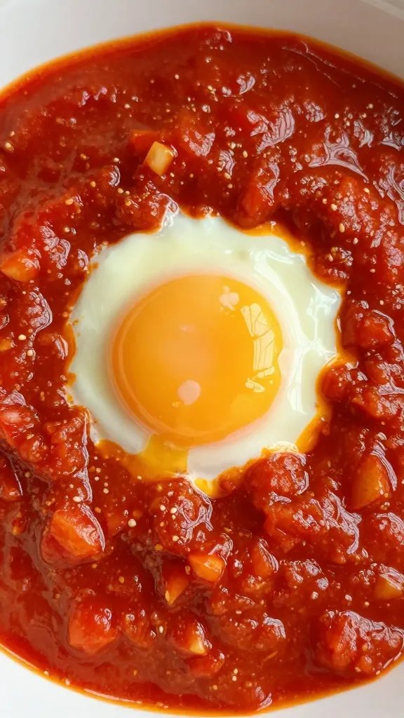 closeup jammy egg nestled in spiced tomato sauce