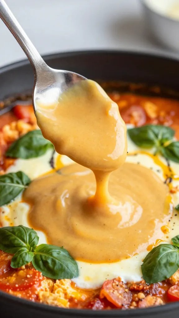 spoon lifting silky shakshuka sauce, shallow depth of field