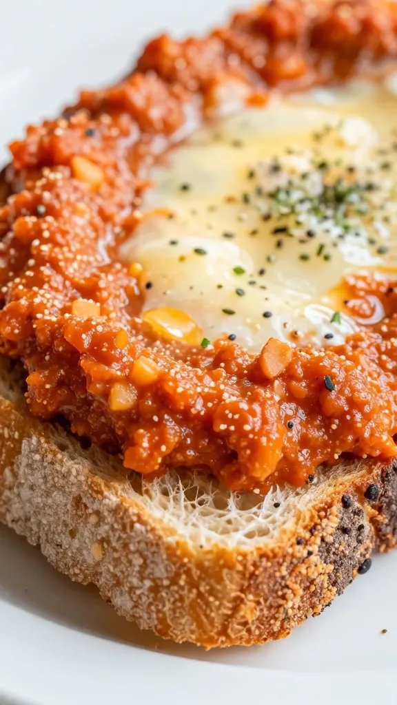 crusty bread slice dipped in shakshuka, macro shot