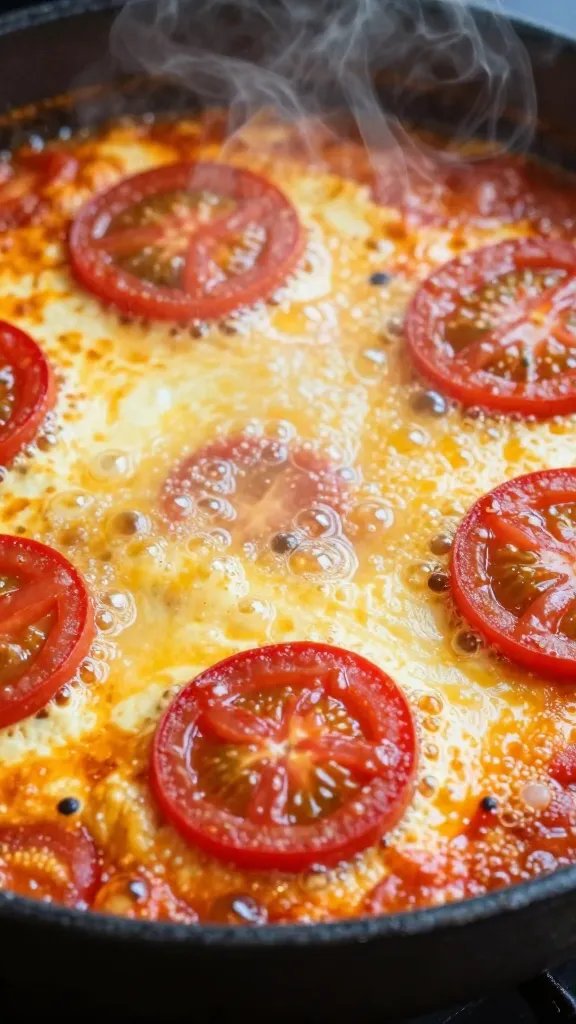 steam rising from bubbling tomato shakshuka, closeup